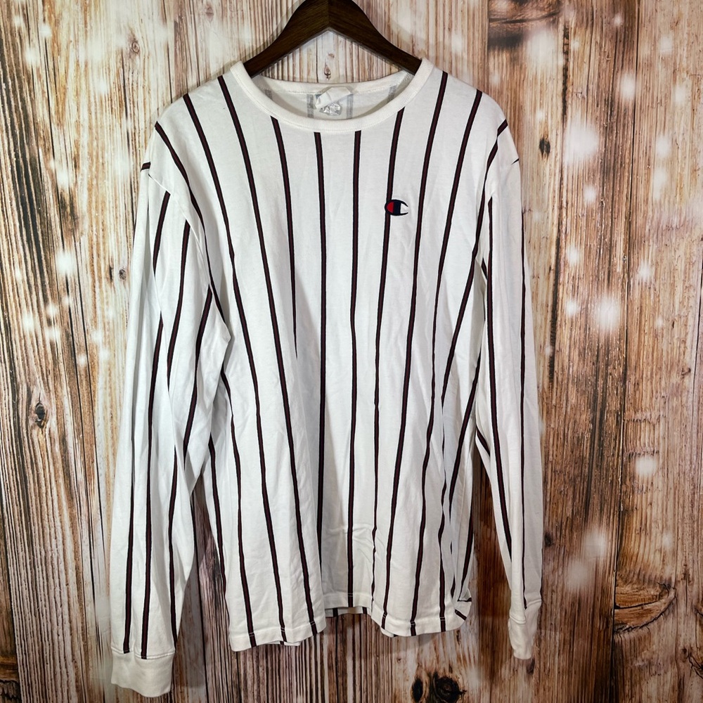 Champion White Striped Long Sleeve Shirt med VTG